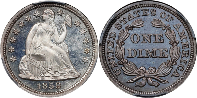 1859 Liberty Seated Dime. Fortin-101. Rarity-4. Proof-66 (PCGS). CAC.
A fabulou...