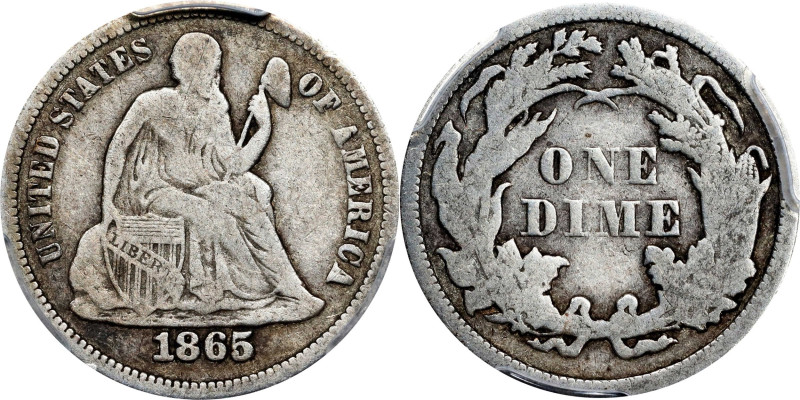 1865 Liberty Seated Dime. Fortin-101a. Rarity-5. Repunched Date. VG-10 (PCGS).
...