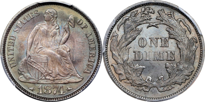 1874 Liberty Seated Dime. Arrows. MS-66 (PCGS). CAC.
Phenomenal quality and eye...