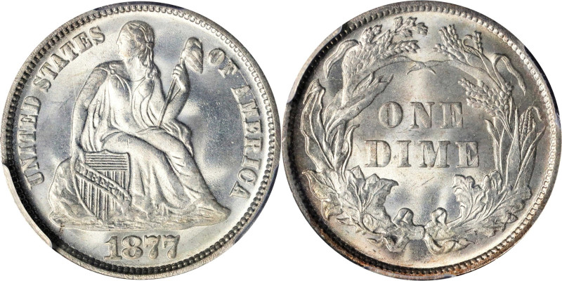 1877 Liberty Seated Dime. Type II Reverse. MS-67 (PCGS). CAC.
Offered is a rema...