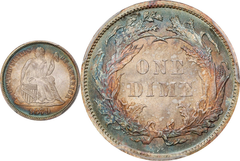 1879 Liberty Seated Dime. Fortin-104a. Rarity-4. Repunched Date. MS-66+ (PCGS)....