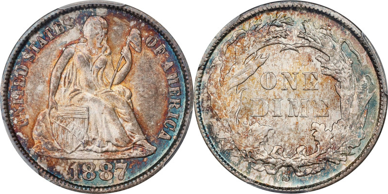 1887-S Liberty Seated Dime. MS-66 (PCGS).
Peripherally toned in iridescent turq...