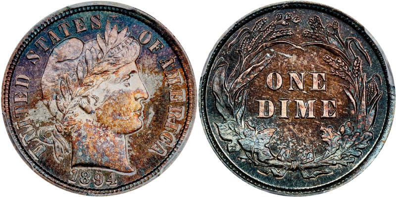 1894 Barber Dime. Proof-67 (PCGS).
A beautifully toned Superb Gem, with layers ...