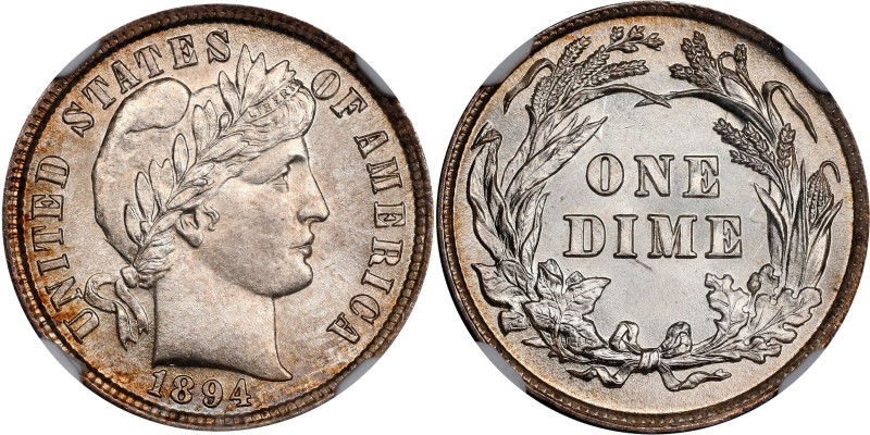 1894 Barber Dime. MS-66+ (NGC).
A gorgeous example with a mostly brilliant appe...