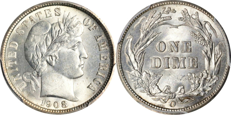 1908-O Barber Dime. MS-65+ (PCGS). CAC.
Tinges of pale antique silver iridescen...