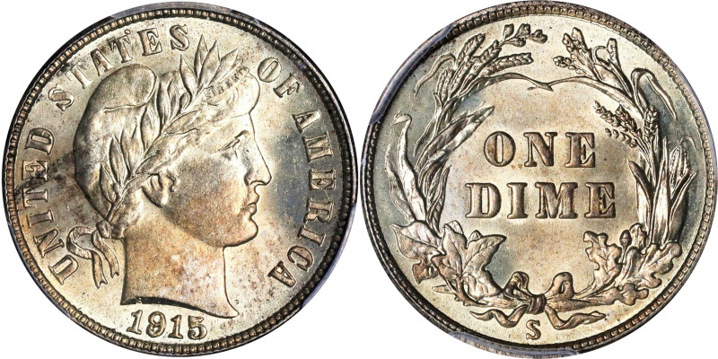 1915-S Barber Dime. MS-66 (PCGS).
This lightly toned premium Gem displays vibra...