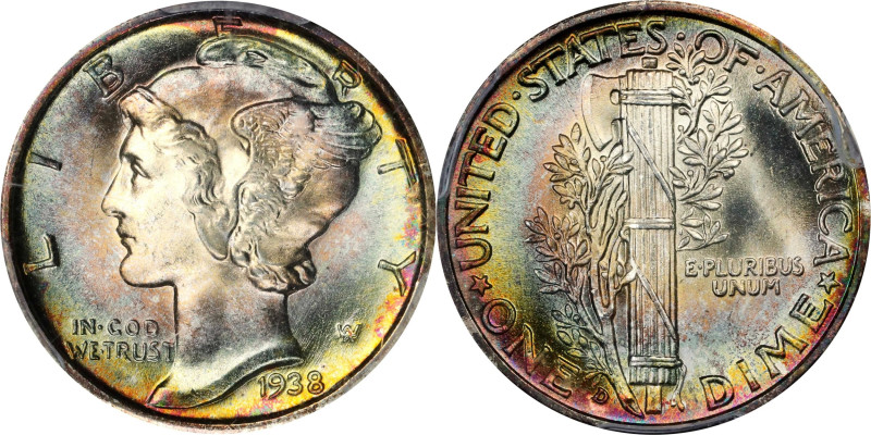 1938-D Mercury Dime. MS-68 FB (PCGS).
Marvelous surfaces on both sides are drip...