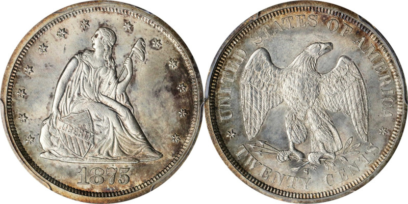 1875-S Twenty-Cent Piece. BF-2. Rarity-4. MS-66 (PCGS).
An impressive high grad...