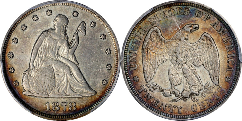 1878 Twenty-Cent Piece. Proof-45 (PCGS).
An otherwise silver gray specimen with...