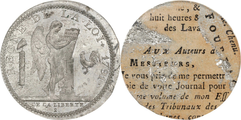 FRANCE. Constitution. Tin Reverse Cliché or Trial for Écu de 6 Livres, Year 2/17...