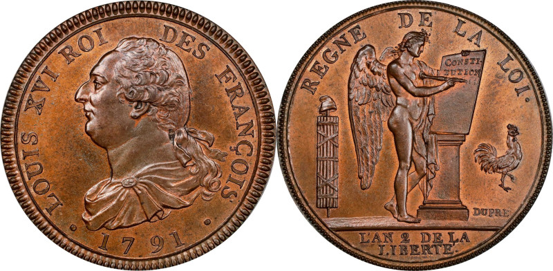 FRANCE. Constitution. Copper Écu de 6 Livres Essai (Pattern), Year 2/1791. Paris...