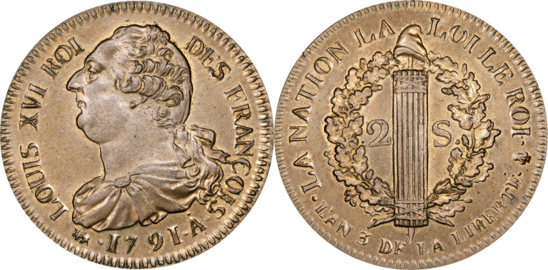 FRANCE. Constitution. Brass 2 Sols, Year 3/1791-A. Paris (Barnabite Convent) Min...