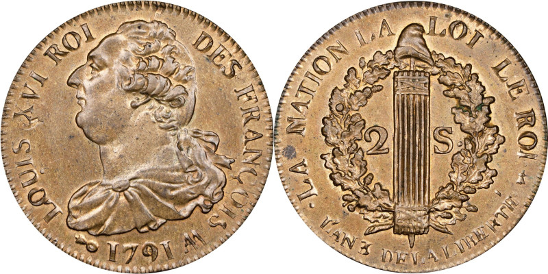 FRANCE. Constitution. Brass 2 Sols, Year 3/1791-AA. Metz Mint. Louis XVI. PCGS M...