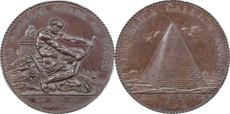 FRANCE. Constitution. Copper 2 Sols Token Restrike, "Year 1/1792" (ca. mid 19th ...