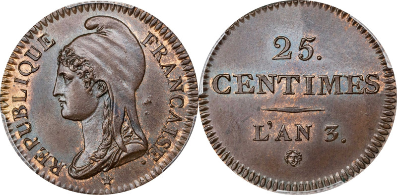 FRANCE. National Convention. Copper 25 Centimes Essai (Pattern), Year 3 (1794/5)...