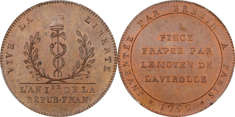 FRANCE. National Convention. Bronze 2 Sols Module Essai (Pattern), Year I/1792. ...