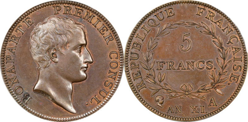 FRANCE. Consulate. Copper 5 Francs Essai (Pattern), Year XI-A (1802/3). Paris Mi...