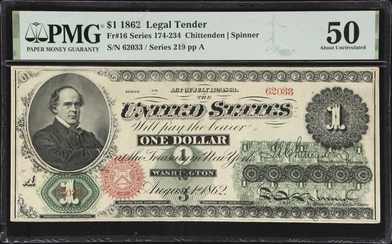 Fr. 16. 1862 $1 Legal Tender Note. PMG About Uncirculated 50.
A most attractive...