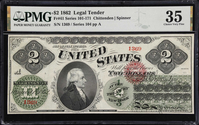 Fr. 41. 1862 $2 Legal Tender Note. PMG Choice Very Fine 35.
Among the earliest ...