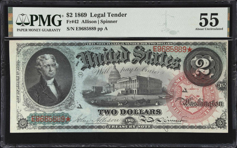 Fr. 42. 1869 $2 Legal Tender Note. PMG About Uncirculated 55.
This piece is emb...