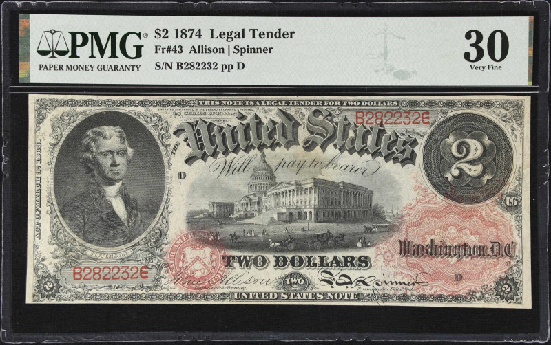 Fr. 43. 1874 $2 Legal Tender Note. PMG Very Fine 30.
This 1874 series Two Dolla...