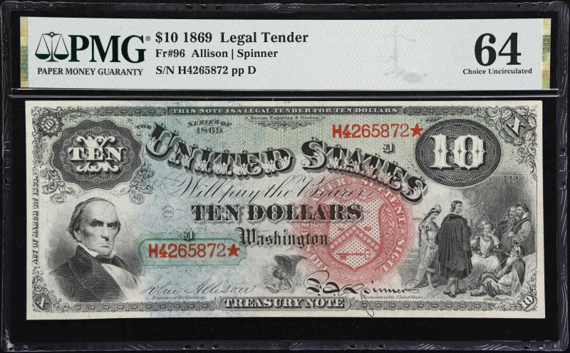 Fr. 96. 1869 $10 Legal Tender Note. PMG Choice Uncirculated 64.
A note stands t...