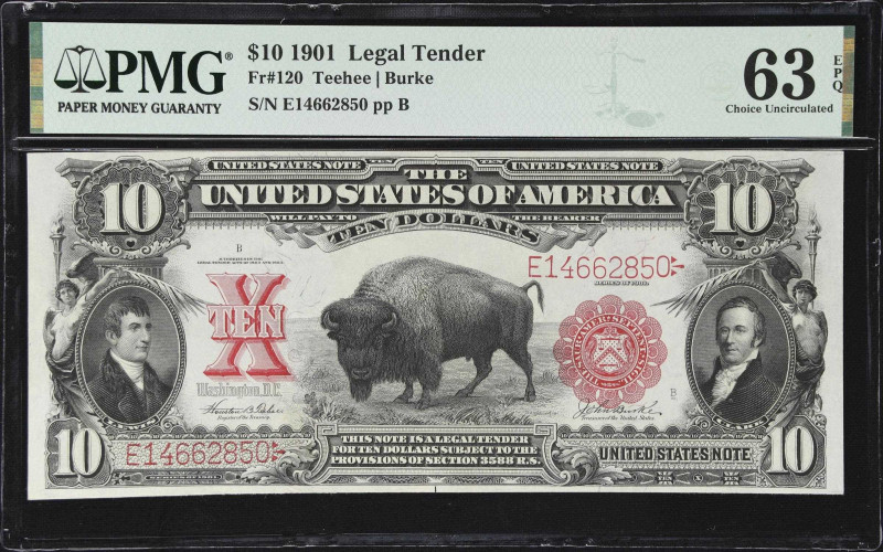 Fr. 120. 1901 $10 Legal Tender Note. PMG Choice Uncirculated 63 EPQ.
Arguably a...