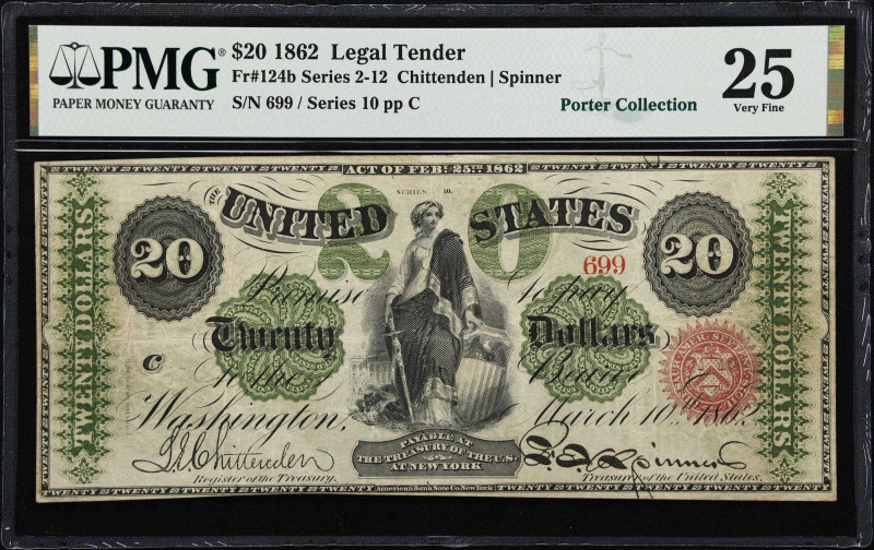 Fr. 124b. 1862 $20 Legal Tender Note. PMG Very Fine 25.
A very difficult denomi...