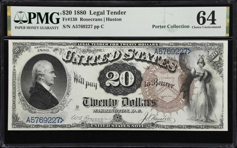 Fr. 138. 1880 $20 Legal Tender Note. PMG Choice Uncirculated 64.
A well preserv...