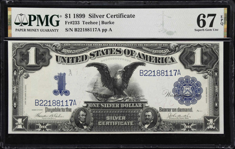 Fr. 233. 1899 $1 Silver Certificate. PMG Superb Gem Uncirculated 67 EPQ.
To ass...