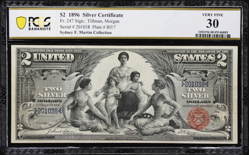 Fr. 247. 1896 $2 Silver Certificate. PCGS Banknote Very Fine 30.
An evenly circ...