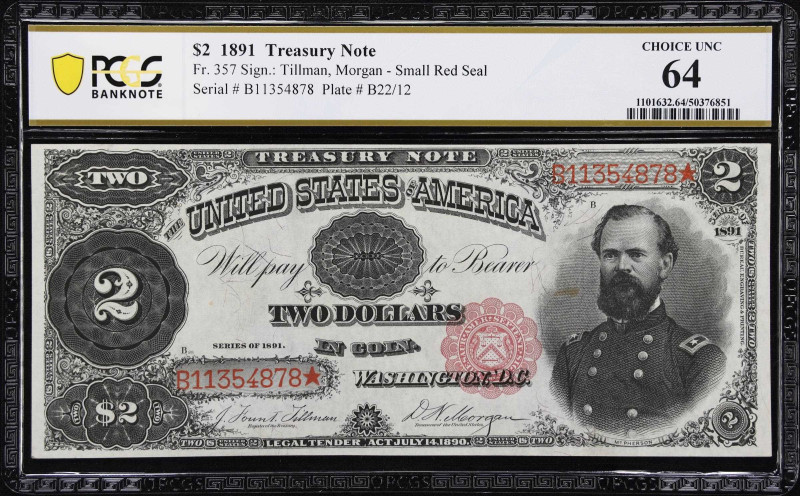 Fr. 357. 1891 $2 Treasury Note. PCGS Banknote Choice Uncirculated 64.
Issued am...