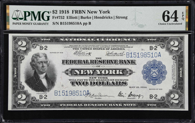 Fr. 752. 1918 $2 Federal Reserve Bank Note. New York. PMG Choice Uncirculated 64...