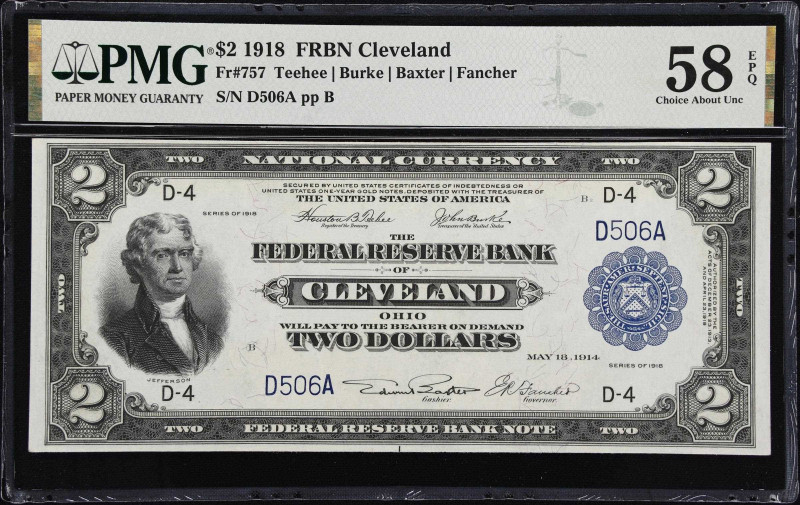 Fr. 757. 1918 $2 Federal Reserve Bank Note. Cleveland. PMG Choice About Uncircul...