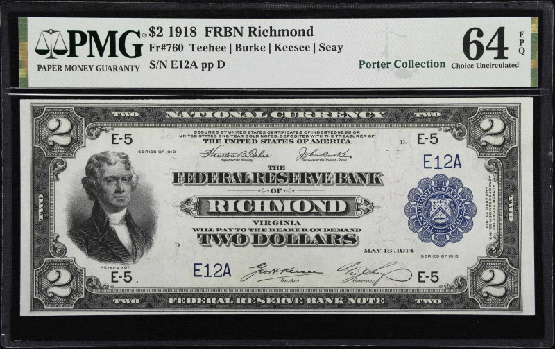 Fr. 760. 1918 $2 Federal Reserve Bank Note. Richmond. PMG Choice Uncirculated 64...