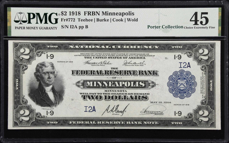 Serial Number 2 Minneapolis $2 Battleship 
Fr. 772. 1918 $2 Federal Reserve Ban...