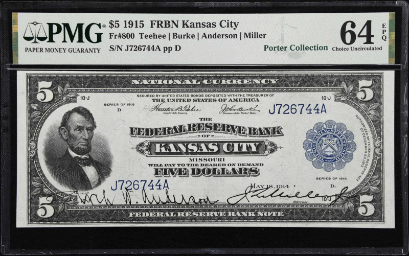 Fr. 800. 1915 $5 Federal Reserve Bank Note. Kansas City. PMG Choice Uncirculated...