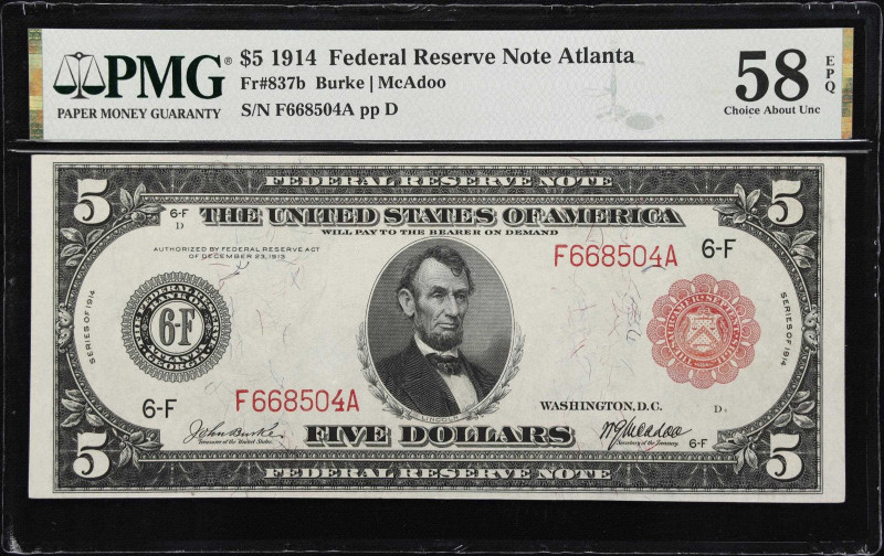 Fr. 837b. 1914 Red Seal $5 Federal Reserve Note. Atlanta. PMG Choice About Uncir...