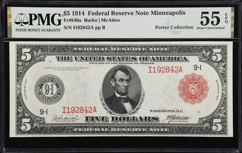 Fr. 840a. 1914 Red Seal $5 Federal Reserve Note. Minneapolis. PMG About Uncircul...