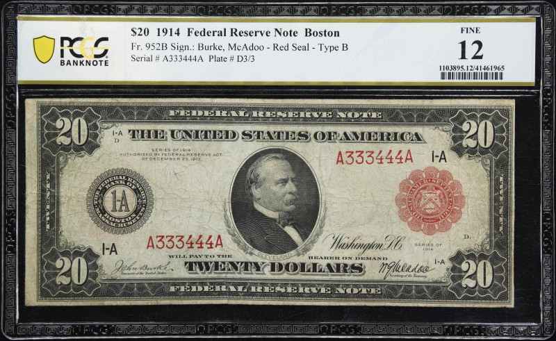 Fr. 952B. 1914 Red Seal $20 Federal Reserve Note. Boston. PCGS Banknote Fine 12....