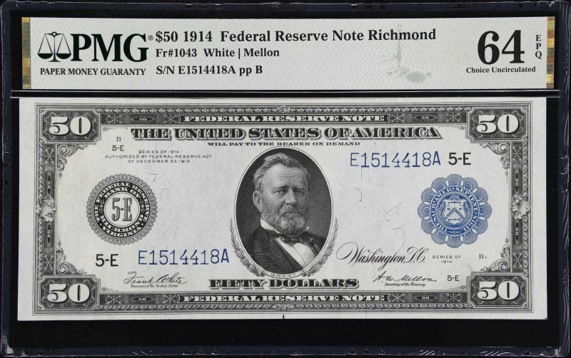 Fr. 1043. 1914 $50 Federal Reserve Note. Richmond. PMG Choice Uncirculated 64 EP...