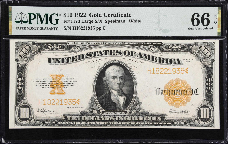 Fr. 1173. 1922 $10 Gold Certificate. PMG Gem Uncirculated 66 EPQ.
A common note...