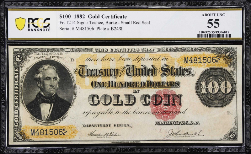 Fr. 1214. 1882 $100 Gold Certificate. PCGS Banknote About Uncirculated 55.
A no...