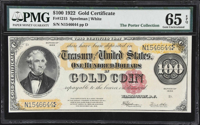 Gem 1922 $100 Gold Certificate 
Fr. 1215. 1922 $100 Gold Certificate. PMG Gem U...