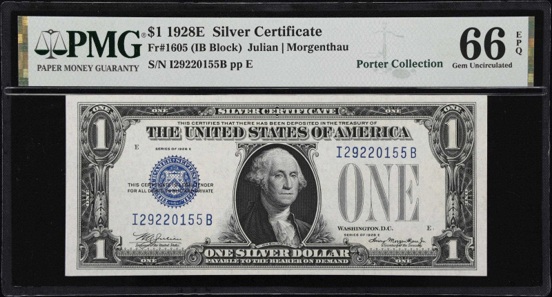 Fr. 1605. 1928E $1 Silver Certificate. PMG Gem Uncirculated 66 EPQ.
A short-liv...