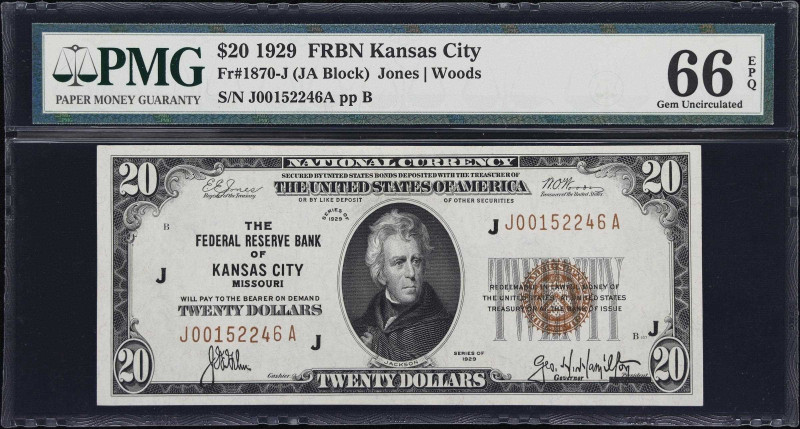 Fr. 1870-J. 1929 $20 Federal Reserve Bank Note. Kansas City. PMG Gem Uncirculate...