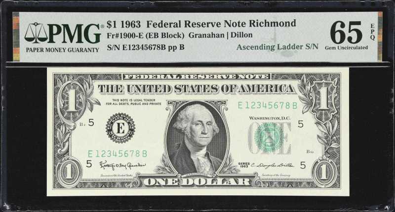 Fr. 1900-E. 1963 $1 Federal Reserve Note. Richmond. PMG Gem Uncirculated 65 EPQ....