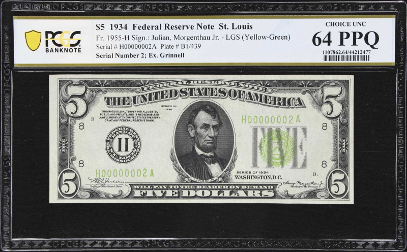 Exceptional Serial Number 2 1934 $5 Federal Reserve Note 
Ex. Grinnell 
Fr. 19...