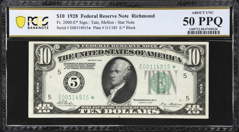 Fr. 2000-E*. 1928 $10 Federal Reserve Star Note. Richmond. PCGS Banknote About U...