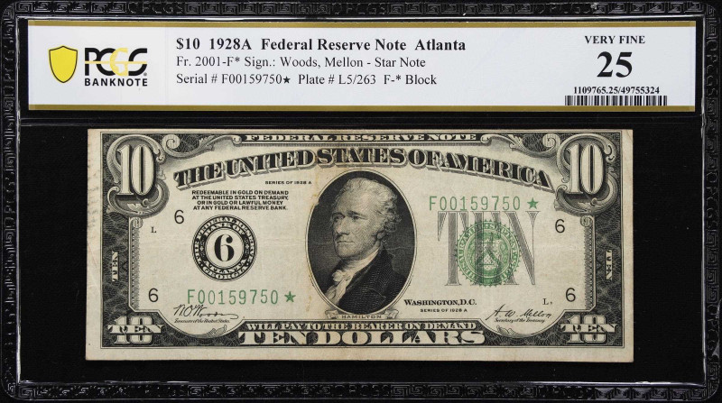 Fr. 2001-F*. 1928A $10 Federal Reserve Star Note. Atlanta. PCGS Banknote Very Fi...